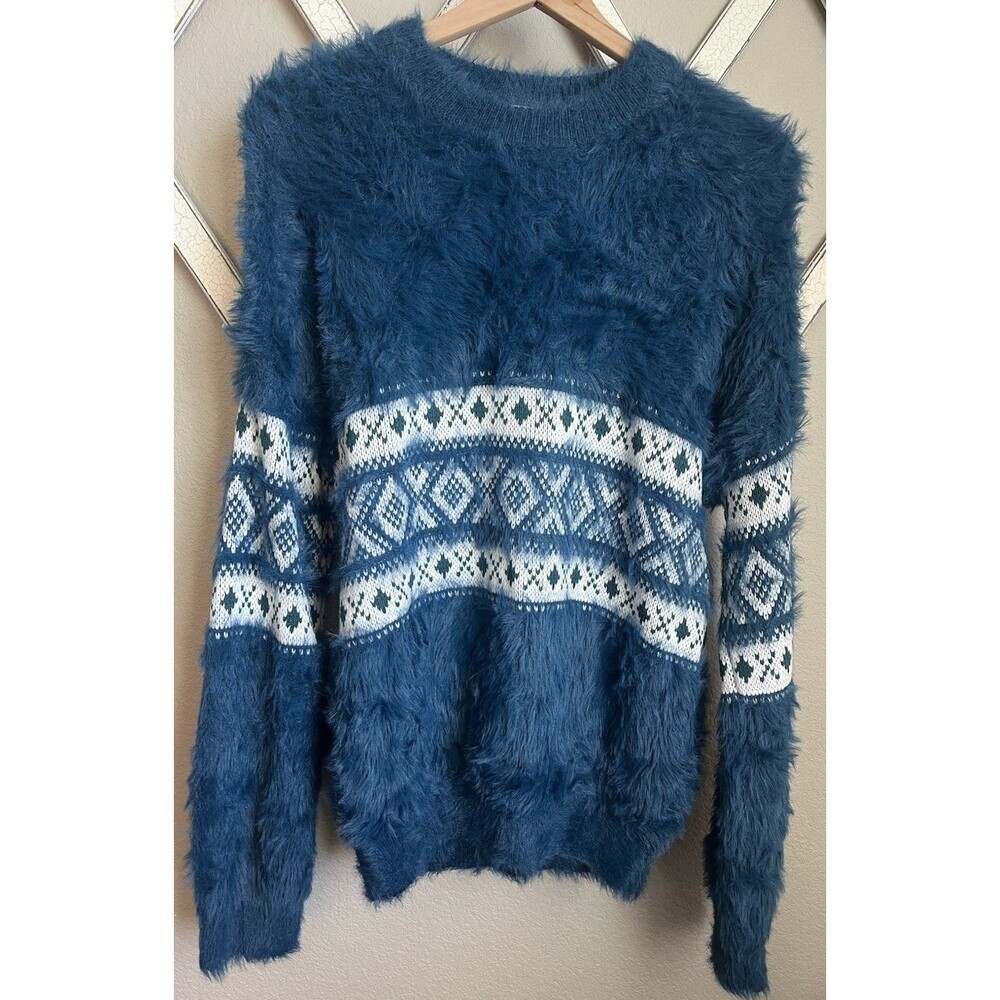 BDG Urban Outfitters Men's S Fuzzy Fair Isle Crew Neck Sweater - Blue